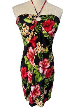 J&J Hawaii Womens Floral Halter Dress Black Tropical Print XL Summer Beachwear L